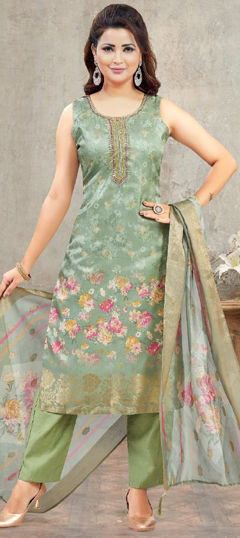 Green color Salwar Kameez in Silk fabric with Printed, Sequence, Thread work