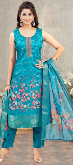 Blue color Salwar Kameez in Silk fabric with Printed, Sequence, Thread work