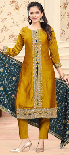 Gold color Salwar Kameez in Silk fabric with Embroidered, Sequence work
