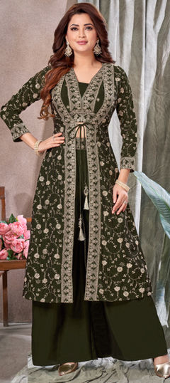 Green color Salwar Kameez in Silk fabric with Embroidered, Sequence, Thread work