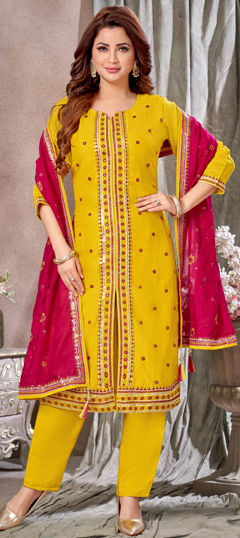 Yellow color Salwar Kameez in Silk fabric with Embroidered, Sequence, Thread work
