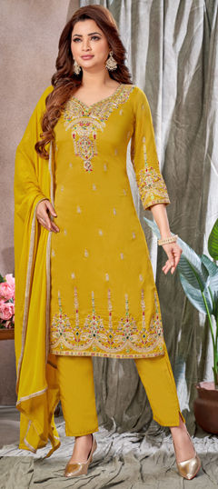Yellow color Salwar Kameez in Silk fabric with Embroidered, Sequence, Thread work