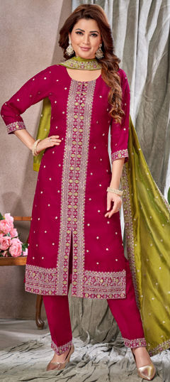 Pink and Majenta color Salwar Kameez in Silk fabric with Embroidered, Sequence, Thread work