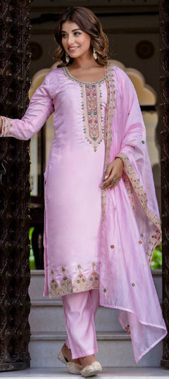 Pink and Majenta color Salwar Kameez in Blended fabric with Embroidered, Thread, Zari work