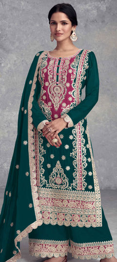 Green color Salwar Kameez in Chinon Silk fabric with Embroidered, Sequence, Thread work