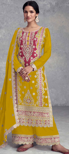 Yellow color Salwar Kameez in Chinon Silk fabric with Embroidered, Sequence, Thread work