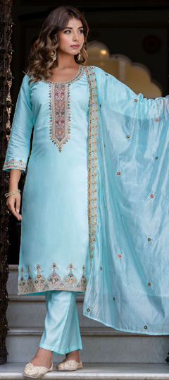 Blue color Salwar Kameez in Blended, Silk fabric with Embroidered, Thread, Zari work
