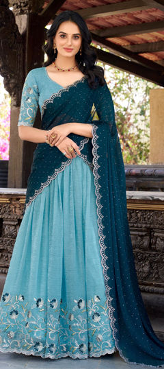 Green color Lehenga in Silk fabric with Embroidered, Sequence, Thread work