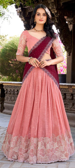 Pink and Majenta color Lehenga in Silk fabric with Embroidered, Sequence, Thread work