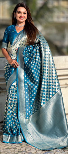 Blue color Saree in Banarasi Silk fabric with Weaving, Zari work