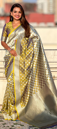 Yellow color Saree in Banarasi Silk fabric with Weaving, Zari work
