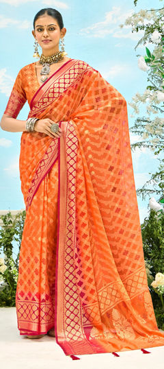 Orange color Saree in Silk fabric with Weaving work