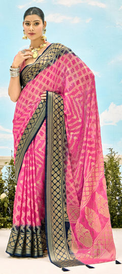 Pink and Majenta color Saree in Silk fabric with Weaving work