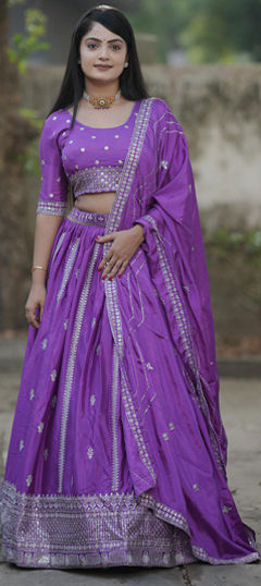 Purple and Violet color Lehenga in Chinon Silk fabric with Embroidered, Thread, Zari work