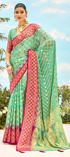 Green color Saree in Silk fabric with Weaving work
