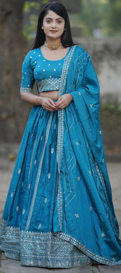 Blue color Lehenga in Chinon Silk fabric with Embroidered, Thread, Zari work