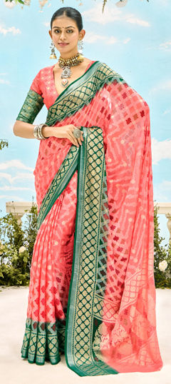 Red and Maroon color Saree in Silk fabric with Weaving work