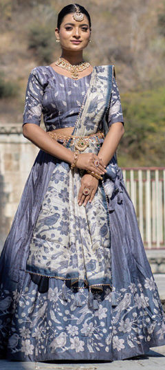 Black and Grey color Lehenga in Manipuri Silk fabric with Printed work