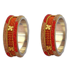 Gold Rodium Polish Red and Maroon color Bangles in Brass studded with CZ Diamond