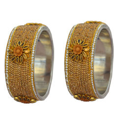 Gold Rodium Polish Gold color Bangles in Brass studded with CZ Diamond