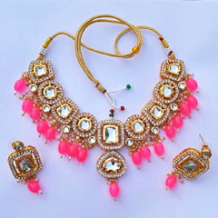 Gold Rodium Polish Pink and Majenta color Necklace in Metal Alloy studded with Kundan