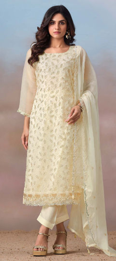 Beige and Brown color Salwar Kameez in Chiffon fabric with Cut Dana, Moti, Sequence, Thread work