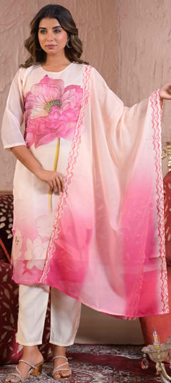 White and Off White color Salwar Kameez in Art Silk fabric with Cut Dana, Floral, Moti, Printed work