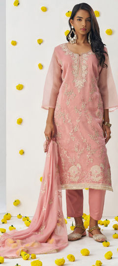 Pink and Majenta color Salwar Kameez in Crushed Silk fabric with Embroidered, Sequence, Thread work