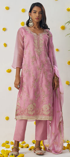 Pink and Majenta color Salwar Kameez in Crushed Silk fabric with Embroidered, Sequence, Thread work