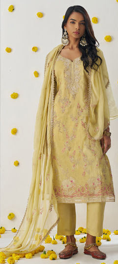 Yellow color Salwar Kameez in Crushed Silk fabric with Embroidered, Sequence, Thread work