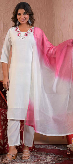 White and Off White color Salwar Kameez in Chanderi Silk, Viscose fabric with Embroidered, Resham, Thread work