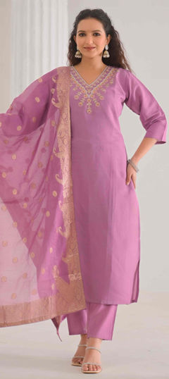 Pink and Majenta color Salwar Kameez in Chanderi Silk, Viscose fabric with Embroidered, Resham, Thread work