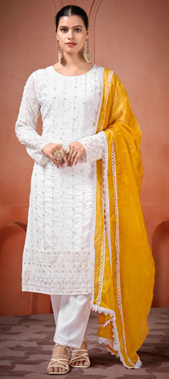 White and Off White color Salwar Kameez in Georgette fabric with Embroidered, Moti, Sequence, Thread work