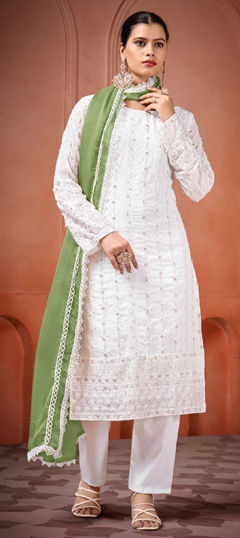 White and Off White color Salwar Kameez in Georgette fabric with Embroidered, Moti, Sequence, Thread work