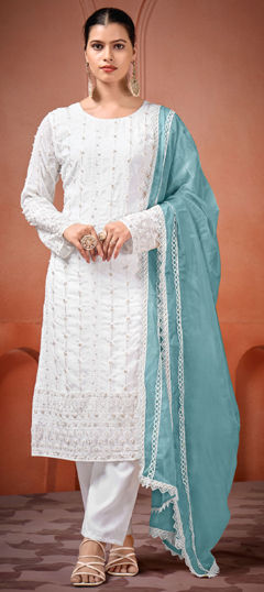 White and Off White color Salwar Kameez in Georgette fabric with Embroidered, Moti, Sequence, Thread work