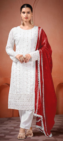 White and Off White color Salwar Kameez in Georgette fabric with Embroidered, Moti, Sequence, Thread work