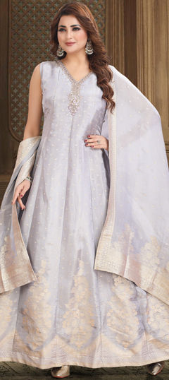 Purple and Violet color Salwar Kameez in Jacquard, Tissue fabric with Cut Dana, Thread, Weaving, Zardozi work