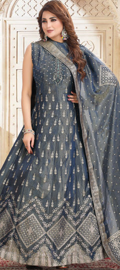 Blue color Salwar Kameez in Jacquard, Tissue fabric with Cut Dana, Weaving, Zardozi, Zari work