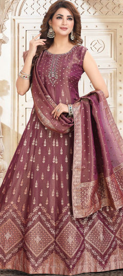 Red and Maroon color Salwar Kameez in Jacquard, Tissue fabric with Cut Dana, Weaving, Zardozi, Zari work