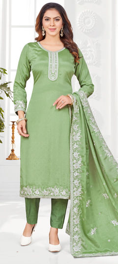 Green color Salwar Kameez in Chinon Silk fabric with Embroidered, Resham, Sequence, Thread work