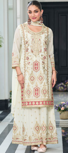 White and Off White color Salwar Kameez in Chinon Silk fabric with Embroidered, Sequence, Thread, Zircon work
