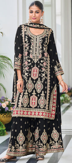 Black and Grey color Salwar Kameez in Chinon Silk fabric with Embroidered, Sequence, Thread, Zircon work