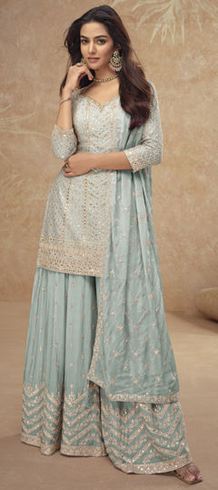 Blue color Salwar Kameez in Chinon Silk fabric with Embroidered, Sequence, Thread, Zari work