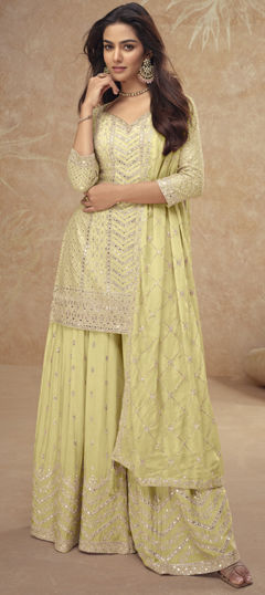 Yellow color Salwar Kameez in Chinon Silk fabric with Embroidered, Sequence, Thread, Zari work