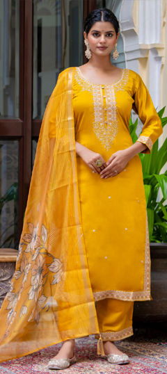 Yellow color Salwar Kameez in Viscose fabric with Embroidered, Sequence, Thread work