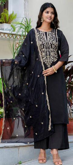 Black and Grey color Salwar Kameez in Blended fabric with Embroidered, Sequence, Thread work