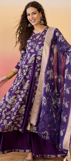 Purple and Violet color Salwar Kameez in Silk fabric with Embroidered, Printed, Thread work