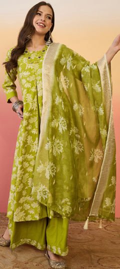 Green color Salwar Kameez in Silk fabric with Embroidered, Printed, Thread work