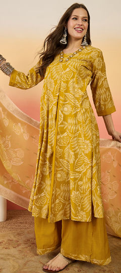 Yellow color Salwar Kameez in Silk fabric with Embroidered, Printed, Thread work