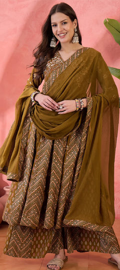 Beige and Brown color Salwar Kameez in Silk fabric with Embroidered, Printed, Thread work